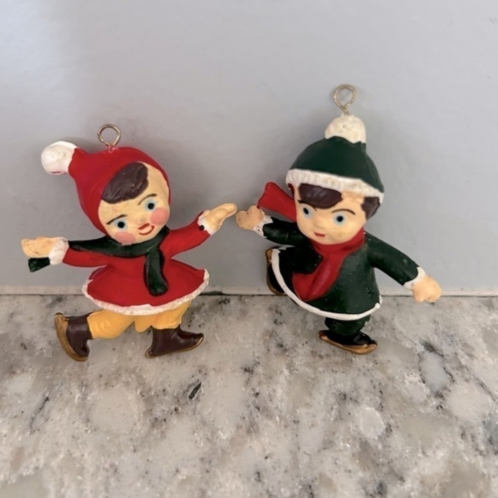 Vintage Plastic Set of 2 Ice Skater Ornaments